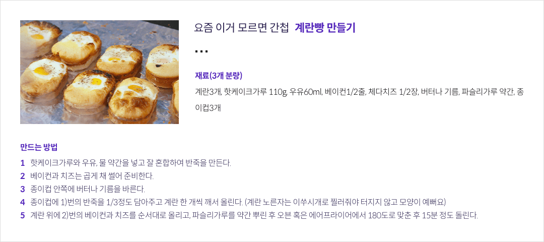 10-7-mz-img-04.png 요즘 이거 모르면 간첩 계란빵 만들기 - 재료(3개 분량) 계란3개, 핫케이크가루 110g, 우유60ml, 베이컨1/2줄, 체다치즈 1/2장, 버터나 기름, 파슬리가루 약간, 종이컵3개 / 만드는 방법 : 1. 핫케이크가루와 우유, 물 약간을 넣고 잘 혼합하여 반죽을 만든다. / 2. 베이컨과 치즈는 곱게 채 썰어 준비한다. / 3. 종이컵 안쪽에 버터나 기름을 바른다. / 4. 종이컵에 1)번의 반죽을 1/3정도 담아주고 계란 한 개씩 깨서 올린다. (계란 노른자는 이쑤시개로 찔러줘야 터지지 않고 모양이 예뻐요) / 5. 계란 위에 2)번의 베이컨과 치즈를 순서대로 올리고, 파슬리가루를 약간 뿌린 후 오븐 혹은 에어프라이어에서 180도로 맞춘 후 15분 정도 돌린다.