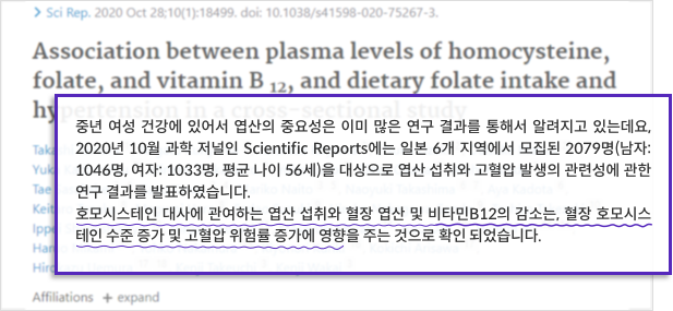 11_PC.png 중년 여성 건강에 있어서 엽산의 중요성은 이미 많은 연구 결과를 통해서 알려지고 있는데요, 2020년 10월 과학 저널인 Scientific Reports에는 일본 6개 지역에서 모집된 2079명(남자: 1046명, 여자: 1033명, 평균 나이 56세)을 대상으로 엽산 섭취와 고혈압 발생의 관련성에 관한 연구 결과를 발표하였습니다. 호모시스테인 대사에 관여하는 엽산 섭취와 혈장 엽산 및 비타민12의 감소는, 혈장 호모시스테인 수준 증가 및 고혈압 위험률 증가에 영향을 주는 것으로 확인 되었습니다.