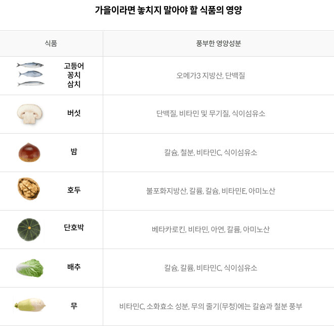 8-5-mz-img-05.png 가을이라면 놓치지 말아야 할 식품의 영양 - 고등어, 꽁치, 삼치 : 오메가3 지방산, 단백질 / 버섯 : 단백질, 비타민 및 무기질, 식이섬유소 / 밤 : 칼슘, 철분, 비타민C, 식이섬유소 / 호두 : 불포화지방산, 칼륨, 칼슘, 비타민E, 아미노산 / 단호박 : 베타카로킨, 비타민, 아연, 칼륨, 아미노산 / 배추 : 칼슘, 칼륨, 비타민C, 식이섬유소 / 무 : 비타민C, 소화효소 성분, 무의 줄기(무청)에는 칼슘과 철분 풍부